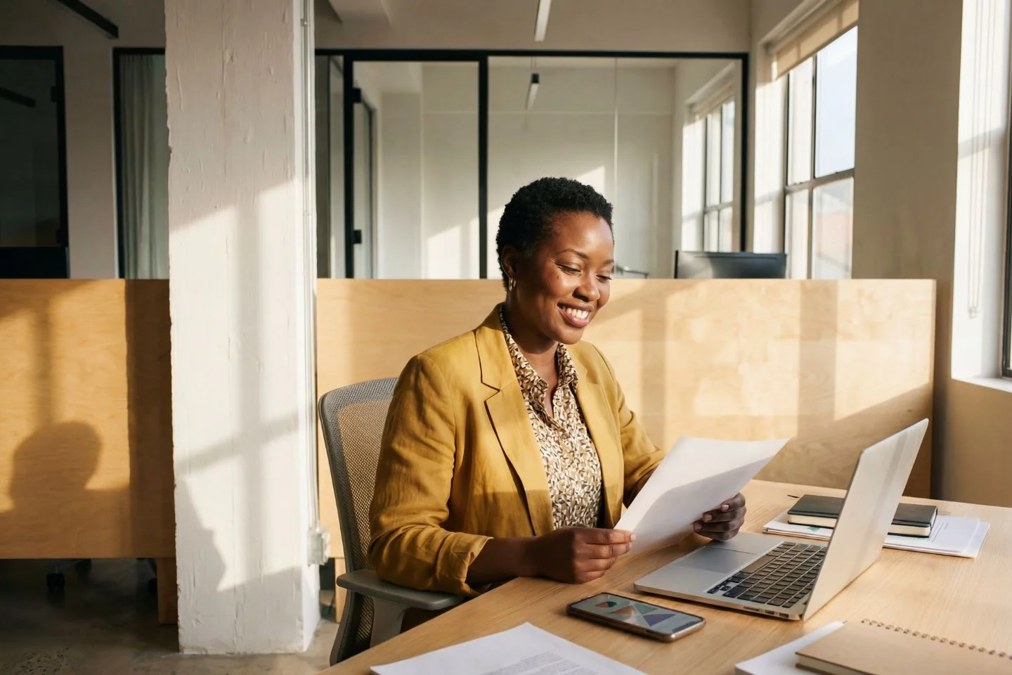 person looking at a piece of paper at their work desk, smiling
