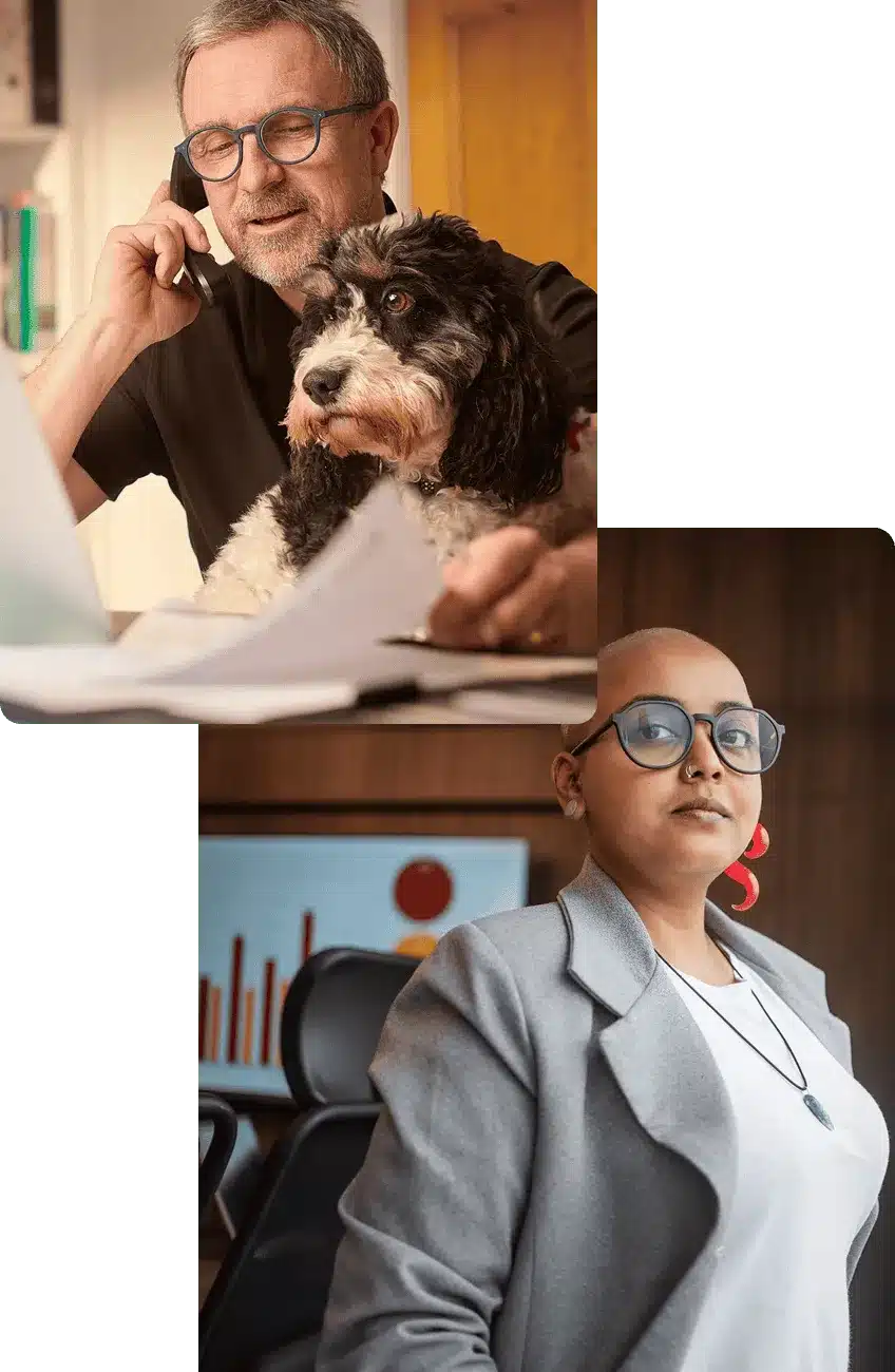 composite of two images: top - man on the phone at his desk with his shaggy black and white dog on his lap; bottom - woman with a shaved head and dark glasses looks pensively at the camera, she is dressed business casual
