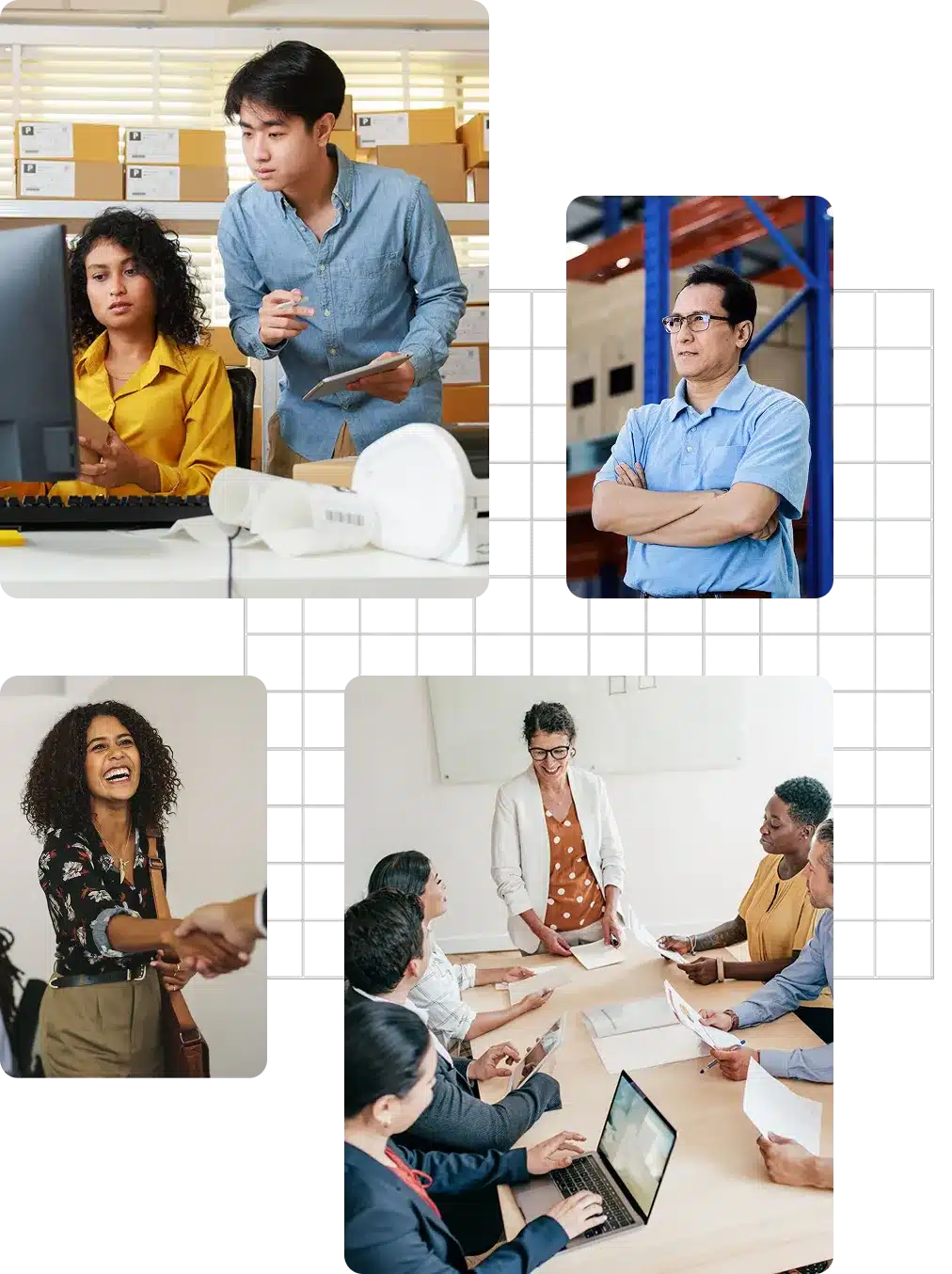 collage of four images, clockwise: 1. a woman sits at a desk with a computer on it while a man stands over her shoulder and writes on a tablet 2. a man stands with his arms crossed in front of a warehouse shelf 3. six individuals look on as a woman stands at the head of a conference table to speak 3. a woman smiling with her hand extended, shaking the hand of the person outside of the image