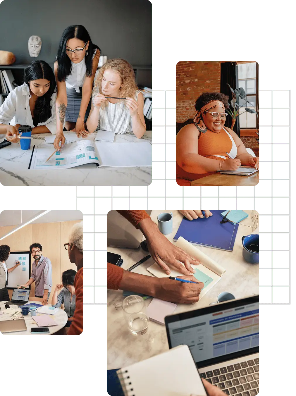 collage of four images; clockwise: 1. three women looking at work papers at a conference table 2. one woman writing on a tablet at her desk, smiling 3. close up of the hands of three individuals working at a conference table 4. four individuals discussing work, one writes on a white board while the others look on
